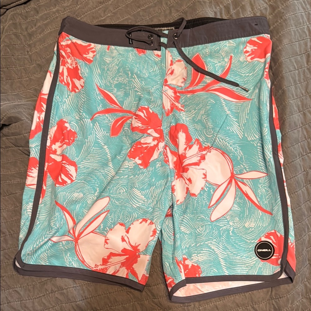O'Neill Teal and Red Floral Swim Shorts